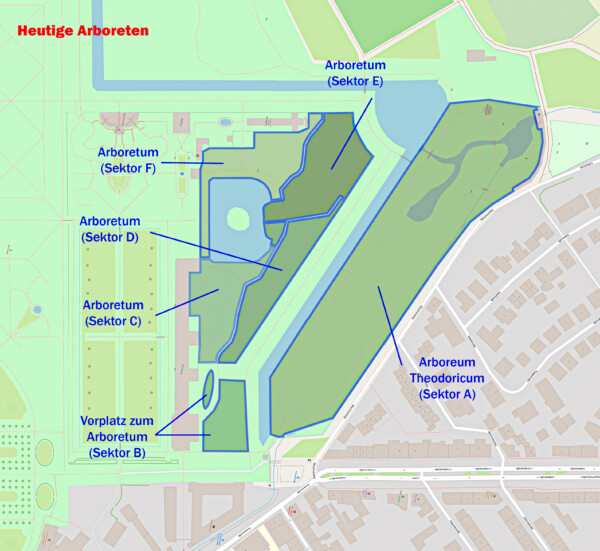 Schloss und Schlossgarten Schwetzingen - Heutige Arboreten von Schloss und Schlossgarten Schwetzingen (Arboreum Theodoricum, Vorplatz zum Arboretum, Arboretum) (Karte: © OpenStreetMap-Mitwirkende; Lizenz: Namensnennung - Weitergabe unter gleichen Bedingungen 2.0 Generic (CC BY-SA 2.0); siehe: www.openstreetmap.org/copyright; Karte modifiziert durch Dr. Manfred Schneider)