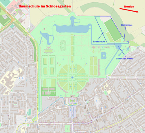 Schloss und Schlossgarten Schwetzingen - Baumschule am Schwarzen Meerle im Schlossgarten (Karte: © OpenStreetMap-Mitwirkende; Lizenz: Namensnennung - Weitergabe unter gleichen Bedingungen 2.0 Generic (CC BY-SA 2.0); siehe: www.openstreetmap.org/copyright; Karte modifiziert durch Dr. Manfred Schneider)