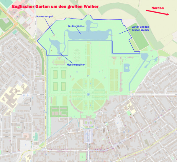 Schloss und Schlossgarten Schwetzingen - Englischer Garten um den Großen Weiher (Karte: © OpenStreetMap-Mitwirkende; Lizenz: Namensnennung - Weitergabe unter gleichen Bedingungen 2.0 Generic (CC BY-SA 2.0); siehe: www.openstreetmap.org/copyright; Karte modifiziert durch Dr. Manfred Schneider)