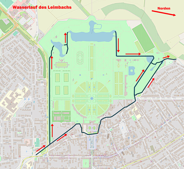 Schloss und Schlossgarten Schwetzingen - Verlauf des Leimbachs und seiner Kanäle um das Schloss und im Schlossgarten Schwetzingen (Karte: © OpenStreetMap-Mitwirkende; Lizenz: Namensnennung - Weitergabe unter gleichen Bedingungen 2.0 Generic (CC BY-SA 2.0); siehe: www.openstreetmap.org/copyright; Karte modifiziert durch Dr. Manfred Schneider)
