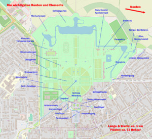 Schloss und Schlossgarten Schwetzingen - Wichtige Bauten und Elemente von Schloss und Schlossgarten Schwetzingen (Karte: © OpenStreetMap-Mitwirkende; Lizenz: Namensnennung - Weitergabe unter gleichen Bedingungen 2.0 Generic (CC BY-SA 2.0); siehe: www.openstreetmap.org/copyright; Karte modifiziert durch Dr. Manfred Schneider)