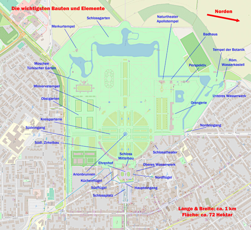 Schloss und Schlossgarten Schwetzingen - Wichtige Bauten und Elemente von Schloss und Schlossgarten Schwetzingen (Karte: © OpenStreetMap-Mitwirkende; Lizenz: Namensnennung - Weitergabe unter gleichen Bedingungen 2.0 Generic (CC BY-SA 2.0); siehe: www.openstreetmap.org/copyright; Karte modifiziert durch Dr. Manfred Schneider)