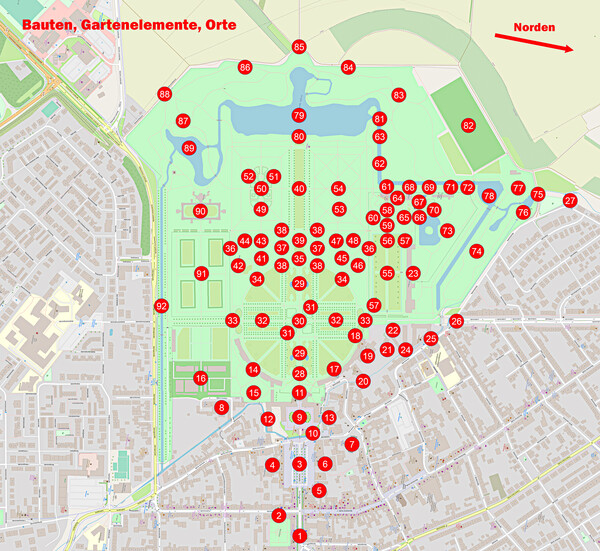 Schloss und Schlossgarten Schwetzingen - Orte von wichtigen Bauten und Gartenelementen von Schloss und Schlossgarten Schwetzingen (Karte: © OpenStreetMap-Mitwirkende; Lizenz: Namensnennung - Weitergabe unter gleichen Bedingungen 2.0 Generic (CC BY-SA 2.0); siehe: www.openstreetmap.org/copyright; Karte modifiziert durch Dr. Manfred Schneider)
