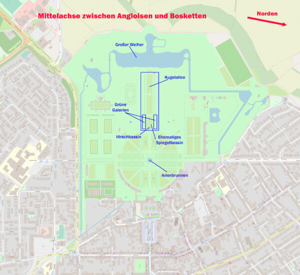 Schloss und Schlossgarten Schwetzingen - Orte Mittelachse zwischen Angloisen und Bosketten (Karte: © OpenStreetMap-Mitwirkende; Lizenz: Namensnennung - Weitergabe unter gleichen Bedingungen 2.0 Generic (CC BY-SA 2.0); siehe: www.openstreetmap.org/copyright; Karte modifiziert durch Dr. Manfred Schneider)