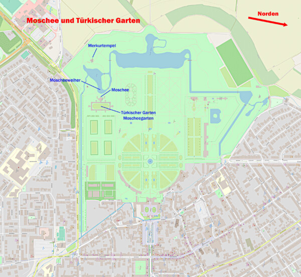 Schloss und Schlossgarten Schwetzingen - Orte des Türkischen Gartens, der Moschee und des Moscheeweihers im Schlossgarten (Karte: © OpenStreetMap-Mitwirkende; Lizenz: Namensnennung - Weitergabe unter gleichen Bedingungen 2.0 Generic (CC BY-SA 2.0); siehe: www.openstreetmap.org/copyright; Karte modifiziert durch Dr. Manfred Schneider)