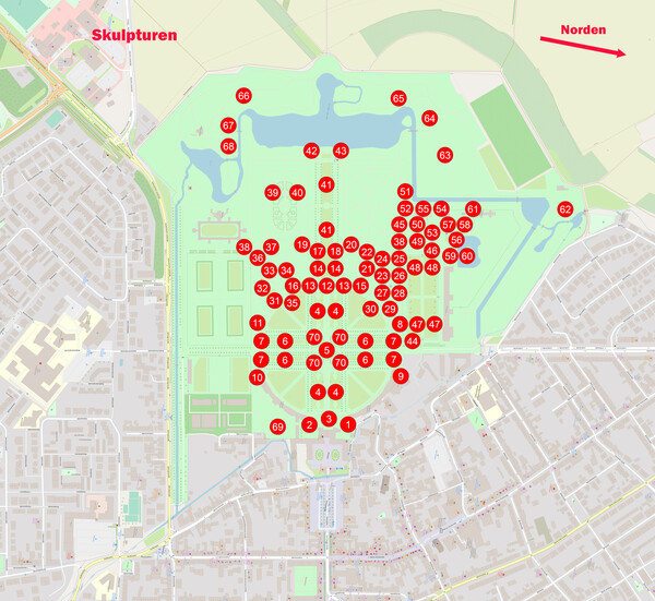 Schloss und Schlossgarten Schwetzingen - Orte der Skulpturen von Schloss und Schlossgarten Schwetzingen (Karte: © OpenStreetMap-Mitwirkende; Lizenz: Namensnennung - Weitergabe unter gleichen Bedingungen 2.0 Generic (CC BY-SA 2.0); siehe: www.openstreetmap.org/copyright; Karte modifiziert durch Dr. Manfred Schneider)