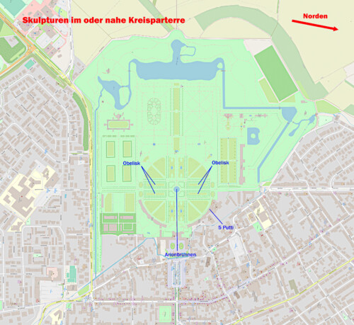 Schloss und Schlossgarten Schwetzingen - Orte der Skulpturen im Schlossgarten (Karte: © OpenStreetMap-Mitwirkende; Lizenz: Namensnennung - Weitergabe unter gleichen Bedingungen 2.0 Generic (CC BY-SA 2.0); siehe: www.openstreetmap.org/copyright; Karte modifiziert durch Dr. Manfred Schneider)