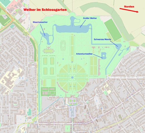 Schloss und Schlossgarten Schwetzingen - Orte der Weiher im Schlossgarten (Karte: © OpenStreetMap-Mitwirkende; Lizenz: Namensnennung - Weitergabe unter gleichen Bedingungen 2.0 Generic (CC BY-SA 2.0); siehe: www.openstreetmap.org/copyright; Karte modifiziert durch Dr. Manfred Schneider)