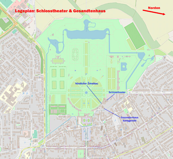 Schloss und Schlossgarten Schwetzingen - Orte des Schlosstheaters und des Gesandtenhauses im Schlossgarten (Karte: © OpenStreetMap-Mitwirkende; Lizenz: Namensnennung - Weitergabe unter gleichen Bedingungen 2.0 Generic (CC BY-SA 2.0); siehe: www.openstreetmap.org/copyright; Karte modifiziert durch Dr. Manfred Schneider)