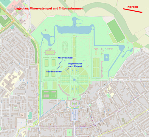 Schloss und Schlossgarten Schwetzingen - Lageplan: Minervatempel im Schlossgarten Schwetzingen (Karte: © OpenStreetMap-Mitwirkende; Lizenz: Namensnennung - Weitergabe unter gleichen Bedingungen 2.0 Generic (CC BY-SA 2.0); siehe: www.openstreetmap.org/copyright; Karte modifiziert durch Dr. Manfred Schneider)