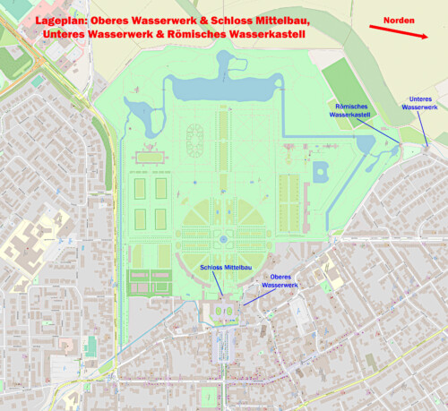 Schloss und Schlossgarten Schwetzingen - Lageplan: Oberes Wasserwerk und Unteres Wasserwerk sowie das Römische Wasserkastell im und außerhalb des Schlossgartens Schwetzingen (Karte: © OpenStreetMap-Mitwirkende; Lizenz: Namensnennung - Weitergabe unter gleichen Bedingungen 2.0 Generic (CC BY-SA 2.0); siehe: www.openstreetmap.org/copyright; Karte modifiziert durch Dr. Manfred Schneider)