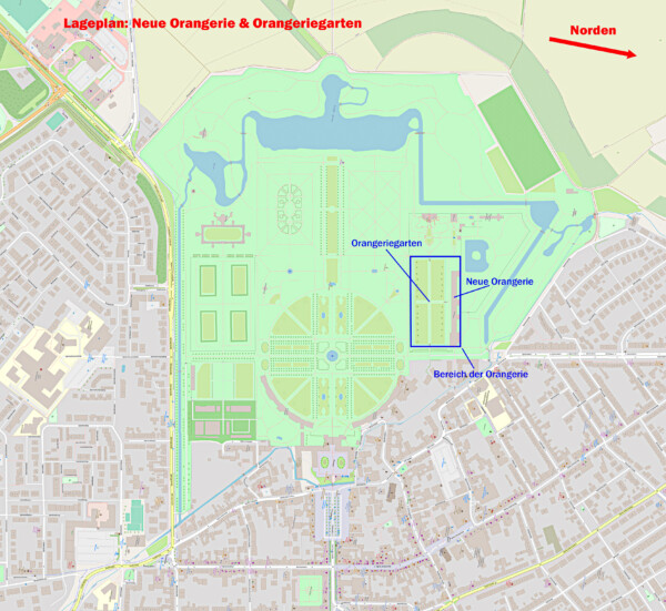 Schloss und Schlossgarten Schwetzingen - Lageplan: Neue Orangerie und Orangeriegarten im Schlossgarten Schwetzingen (Karte: © OpenStreetMap-Mitwirkende; Lizenz: Namensnennung - Weitergabe unter gleichen Bedingungen 2.0 Generic (CC BY-SA 2.0); siehe: www.openstreetmap.org/copyright; Karte modifiziert durch Dr. Manfred Schneider)