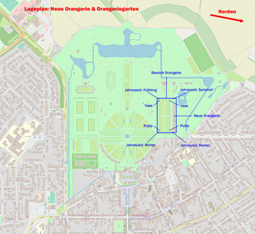 Schloss und Schlossgarten Schwetzingen - Lageplan: Neue Orangerie und Orangeriegarten im Schlossgarten Schwetzingen (Karte: © OpenStreetMap-Mitwirkende; Lizenz: Namensnennung - Weitergabe unter gleichen Bedingungen 2.0 Generic (CC BY-SA 2.0); siehe: www.openstreetmap.org/copyright; Karte modifiziert durch Dr. Manfred Schneider)