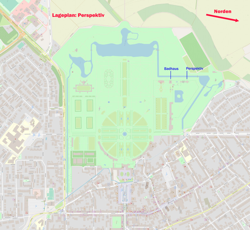 Schloss und Schlossgarten Schwetzingen - Lageplan: Badhaus im Schlossgarten Schwetzingen (Karte: © OpenStreetMap-Mitwirkende; Lizenz: Namensnennung - Weitergabe unter gleichen Bedingungen 2.0 Generic (CC BY-SA 2.0); siehe: www.openstreetmap.org/copyright; Karte modifiziert durch Dr. Manfred Schneider)