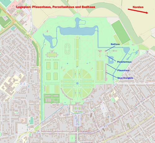 Schloss und Schlossgarten Schwetzingen - Lageplan: Neue Orangerie und Orangeriegarten im Schlossgarten Schwetzingen (Karte: © OpenStreetMap-Mitwirkende; Lizenz: Namensnennung - Weitergabe unter gleichen Bedingungen 2.0 Generic (CC BY-SA 2.0); siehe: www.openstreetmap.org/copyright; Karte modifiziert durch Dr. Manfred Schneider)