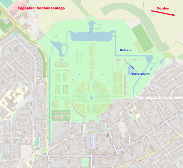 Schloss und Schlossgarten Schwetzingen - Lageplan: Badhaus im Schlossgarten Schwetzingen (Karte: © OpenStreetMap-Mitwirkende; Lizenz: Namensnennung - Weitergabe unter gleichen Bedingungen 2.0 Generic (CC BY-SA 2.0); siehe: www.openstreetmap.org/copyright; Karte modifiziert durch Dr. Manfred Schneider)
