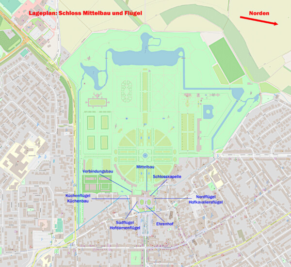 Schloss und Schlossgarten Schwetzingen - Lageplan: Mittelbau und Flügel von Schloss Schwetzingen (Karte: © OpenStreetMap-Mitwirkende; Lizenz: Namensnennung - Weitergabe unter gleichen Bedingungen 2.0 Generic (CC BY-SA 2.0); siehe: www.openstreetmap.org/copyright; Karte modifiziert durch Dr. Manfred Schneider)