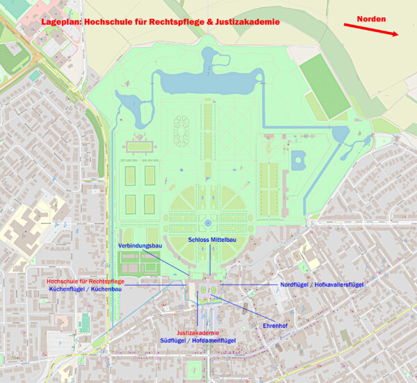 Schloss und Schlossgarten Schwetzingen - Lageplan: Hochschule für Rechtspflege und Justizakademie im Schloss Schwetzingen (Karte: © OpenStreetMap-Mitwirkende; Lizenz: Namensnennung - Weitergabe unter gleichen Bedingungen 2.0 Generic (CC BY-SA 2.0); siehe: www.openstreetmap.org/copyright; Karte modifiziert durch Dr. Manfred Schneider)