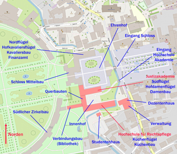 Schloss und Schlossgarten Schwetzingen - Lageplan: Details zur Hochschule für Rechtspflege und zur Justizakademie im Schloss Schwetzingen (Karte: © OpenStreetMap-Mitwirkende; Lizenz: Namensnennung - Weitergabe unter gleichen Bedingungen 2.0 Generic (CC BY-SA 2.0); siehe: www.openstreetmap.org/copyright; Karte modifiziert durch Dr. Manfred Schneider)