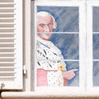 Schloss und Schlossgarten Schwetzingen - Schloss - Nordflügel / Hofdamenflügel - Nord-Süd-Teil - Von Osten - Blick auf das obere linke Fenster der Schlosskapelle; Carl Theodor (eine gemalte Figur) blickt aus dem (gemalten) Scheinfenster (in Höhe der Hofloge) auf den Ehrenhof herunter (aufgenommen im Mai 2023, am Vormittag)