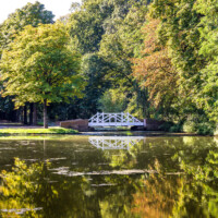 Schloss und Schlossgarten Schwetzingen - Garten - Weiher - Schwarzes Meerle - Südwestseite - Von Nordost - Blick von der Nordseite des Schwarzen Meerles über den Weiher nach Südwesten auf die weiße Brücke; ganz links der Weg Richtung Badhausanlage; nach rechts über die Brücke geht es zur Baumschule (aufgenommen im September 2023, am späten Vormittag)