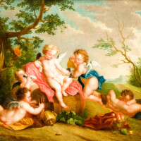 Schloss und Schlossgarten Schwetzingen - Schloss - Mittelbau - Von innen - 1. Obergeschoss - Appartment des Kurfürsten - Zweites Vorzimmer - Südwand, über dem Kamin - Gemälde: Putti in einer Waldlandschaft (Maler: Franz Anton Leitenstorffer (1721-1795); Datierung: unbekannt) (aufgenommen im Dezember 2023, am frühen Nachmittag)