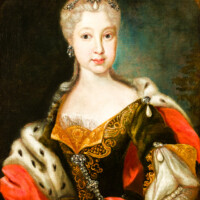 Schloss und Schlossgarten Schwetzingen - Schloss - Mittelbau - Von innen - 1. Obergeschoss - Appartment der Kurfürstin - Audienzzimmer - Nordwand, rechts neben der Tür zum Konferenzzimmer - Porträt der Maria Franziska von Pfalz-Sulzbach (1724-1794), Pfalzgräfin von Sulzbach, Pfalzgräfin und Herzogin von Birkenfeld, jüngere Schwester der Kurfürstin Elisabeth Auguste von Pfalz-Sulzbach (Maler und Datierung: unbekannt) (aufgenommen im Januar 2024, am späten Vormittag)