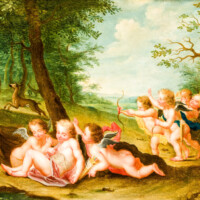 Schloss und Schlossgarten Schwetzingen - Schloss - Mittelbau - Von innen - 1. Obergeschoss - Credenzzimmer - Südwand, über dem Kamin - Gemälde: Putti in einer Waldlandschaft (Maler: Franz Anton Leitenstorffer (1721-1795); Datierung: 1780) (aufgenommen im Februar 2024, am frühen Nachmittag)