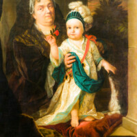 Schloss und Schlossgarten Schwetzingen - Schloss - Mittelbau - Von innen - 1. Obergeschoss - Speisezimmer - Nordwand, über dem Kamin - Porträt eines etwa zweijährigen Kindes (Ausschnitt); das Kind ist evtl. die spätere Kurfürstin Elisabeth Auguste von Pfalz-Sulzbach (1721-1794) oder Carl Philipp August (1718-1724), Erbprinz von Pfalz-Sulzbach, Enkel des Kurfürsten Carl Philipp von der Pfalz (Maler und Datierung: unbekannt) (aufgenommen im Februar 2024, am Nachmittag)