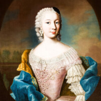 Schloss und Schlossgarten Schwetzingen - Schloss - Mittelbau - Von innen - 1. Obergeschoss - Dienerschaftsräume / Degagements - Kammerdienerinnen-Zimmer - Südwand, rechts des Fensters - Porträt der Louisa von Loe, Hofdame der Kurfürstin Elisabeth Auguste; Halbbildnis, ohne Hände, in gemaltem Oval (Maler: Johann Georg Ziesenis der Jüngere (1716-1776), Datierung: um 1745-1750; Öl/Leinwand, Höhe x Breite 45,4 x 37,5 cm; Rückseite später beschriftet: "Nro. 15. / Louisa, freyin von Loe, / Hof / dame, 1746."; Inv.-Nr. G 3841) (aufgenommen im Februar 2024, am frühen Nachmittag)