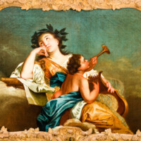 Schloss und Schlossgarten Schwetzingen - Schloss - Mittelbau - Von innen - 1. Obergeschoss - Appartment der Kurfürstin - Kabinett - Nordwestecke, über dem Kamin - Gemälde: Allegorie der Musik (Maler: Ferdinand Kobell (1740-1799)) (aufgenommen im Februar 2024, am Nachmittag)