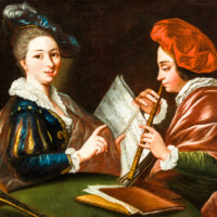 Schloss und Schlossgarten Schwetzingen - Schloss - Mittelbau - Von innen - 1. Obergeschoss - Degagements - Bibliothek - Westwand, Mitte, über dem Kamin - Ausschnitt aus dem Gemälde: Musizierendes Paar (Maler: Ferdinand Kobell (1740-1799)) (aufgenommen im Februar 2024, am Nachmittag)