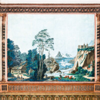 Schloss und Schlossgarten Schwetzingen - Schloss - Mittelbau - Von innen - 2. Obergeschoss - Schweizerzimmer / Compagniezimmer der Reichsgräfin von Hochberg - Südwand - Teil der rechten Seite (ca. 4 von 16 Bahnen) der Zuber-Panorama-Papiertapete „Les vues de Suisse“ mit Schweizer Alpenlandschaften (Maler: Pierre-Antoine Mongin (1761-1827); Druckerei: Zuber, Rixheim, Frankreich; Datierung: 1804; Bahnen der Ostwand (linke Tapetenseite) und der Nordwand (rechte Tapetenseite) ergeben die gesamte Tapete; Süd- und Westwand zeigen Wiederholungen einiger Bahnen der Ost- und Nordwand; gesamte Tapete: 10,7 Meter x 3,9 Meter, 16 Bahnen, 1024 Holzdruckstöcke, 95 Farben) (aufgenommen im Februar 2024, um die Mittagszeit)