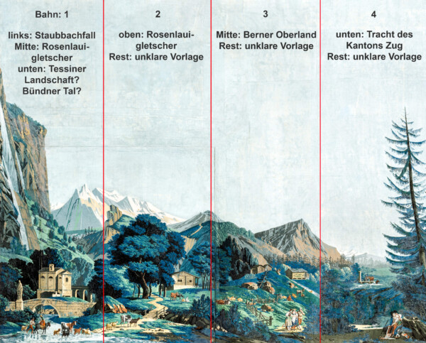 Schloss und Schlossgarten Schwetzingen - Schloss - Mittelbau - Von innen - 2. Obergeschoss - Schweizerzimmer / Compagniezimmer der Reichsgräfin von Hochberg - Komplette Zuber-Panorama-Papiertapete „Les vues de Suisse“ mit Beschreibung der Bahnen 1 bis 4 der Tapete; dieses Bild ist aus zwei Bildern der Ost- und Nordwand zusammengesetzt; diese Ansicht ist im Zimmer aufgrund der Verteilung der 16 Bahnen der Tapete auf die 24 Bahnen an den vier Wänden so nicht zu sehen (Entwurfszeichner: Pierre-Antoine Mongin (1761-1827); Druckerei: Zuber, Rixheim, Frankreich; Datierung: 1804; Bahnen der Ostwand (linke Tapetenseite) und der Nordwand (rechte Tapetenseite) ergeben die gesamte Tapete; Süd- und Westwand und teilweise Nordwand zeigen Wiederholungen einiger Bahnen der Ost- und Nordwand; gesamte Tapete: 10,7 Meter x 3,9 Meter, 16 Bahnen, 1024 Holzdruckstöcke, 95 Farben; Konservierung/Restaurierung: zwischen 1988 und 1991) (aufgenommen im Februar / März 2024)