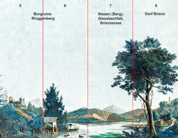 Schloss und Schlossgarten Schwetzingen - Schloss - Mittelbau - Von innen - 2. Obergeschoss - Schweizerzimmer / Compagniezimmer der Reichsgräfin von Hochberg - Komplette Zuber-Panorama-Papiertapete „Les vues de Suisse“ mit Beschreibung der Bahnen 5 bis 8 der Tapete; dieses Bild ist aus zwei Bildern der Ost- und Nordwand zusammengesetzt; diese Ansicht ist im Zimmer aufgrund der Verteilung der 16 Bahnen der Tapete auf die 24 Bahnen an den vier Wänden so nicht zu sehen (Entwurfszeichner: Pierre-Antoine Mongin (1761-1827); Druckerei: Zuber, Rixheim, Frankreich; Datierung: 1804; Bahnen der Ostwand (linke Tapetenseite) und der Nordwand (rechte Tapetenseite) ergeben die gesamte Tapete; Süd- und Westwand und teilweise Nordwand zeigen Wiederholungen einiger Bahnen der Ost- und Nordwand; gesamte Tapete: 10,7 Meter x 3,9 Meter, 16 Bahnen, 1024 Holzdruckstöcke, 95 Farben; Konservierung/Restaurierung: zwischen 1988 und 1991) (aufgenommen im Februar / März 2024)