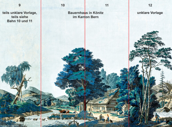 Schloss und Schlossgarten Schwetzingen - Schloss - Mittelbau - Von innen - 2. Obergeschoss - Schweizerzimmer / Compagniezimmer der Reichsgräfin von Hochberg - Komplette Zuber-Panorama-Papiertapete „Les vues de Suisse“ mit Beschreibung der Bahnen 9 bis 12 der Tapete; dieses Bild ist aus zwei Bildern der Ost- und Nordwand zusammengesetzt; diese Ansicht ist im Zimmer aufgrund der Verteilung der 16 Bahnen der Tapete auf die 24 Bahnen an den vier Wänden so nicht zu sehen (Entwurfszeichner: Pierre-Antoine Mongin (1761-1827); Druckerei: Zuber, Rixheim, Frankreich; Datierung: 1804; Bahnen der Ostwand (linke Tapetenseite) und der Nordwand (rechte Tapetenseite) ergeben die gesamte Tapete; Süd- und Westwand und teilweise Nordwand zeigen Wiederholungen einiger Bahnen der Ost- und Nordwand; gesamte Tapete: 10,7 Meter x 3,9 Meter, 16 Bahnen, 1024 Holzdruckstöcke, 95 Farben; Konservierung/Restaurierung: zwischen 1988 und 1991) (aufgenommen im Februar / März 2024)