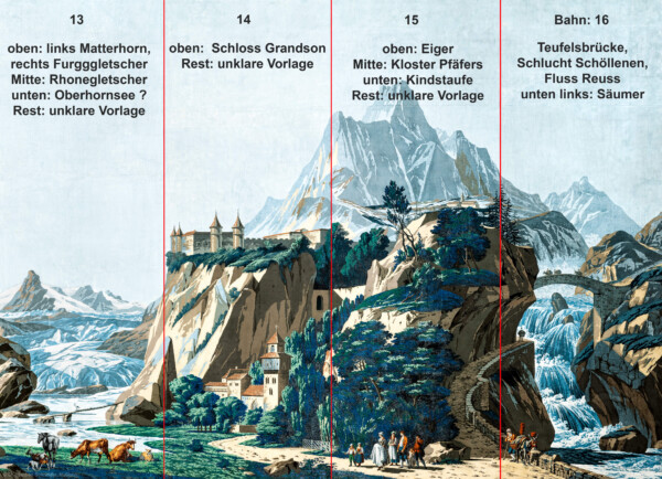 Schloss und Schlossgarten Schwetzingen - Schloss - Mittelbau - Von innen - 2. Obergeschoss - Schweizerzimmer / Compagniezimmer der Reichsgräfin von Hochberg - Komplette Zuber-Panorama-Papiertapete „Les vues de Suisse“ mit Beschreibung der Bahnen 13 bis 16 der Tapete; dieses Bild ist aus zwei Bildern der Ost- und Nordwand zusammengesetzt; diese Ansicht ist im Zimmer aufgrund der Verteilung der 16 Bahnen der Tapete auf die 24 Bahnen an den vier Wänden so nicht zu sehen (Entwurfszeichner: Pierre-Antoine Mongin (1761-1827); Druckerei: Zuber, Rixheim, Frankreich; Datierung: 1804; Bahnen der Ostwand (linke Tapetenseite) und der Nordwand (rechte Tapetenseite) ergeben die gesamte Tapete; Süd- und Westwand und teilweise Nordwand zeigen Wiederholungen einiger Bahnen der Ost- und Nordwand; gesamte Tapete: 10,7 Meter x 3,9 Meter, 16 Bahnen, 1024 Holzdruckstöcke, 95 Farben; Konservierung/Restaurierung: zwischen 1988 und 1991) (aufgenommen im Februar / März 2024)