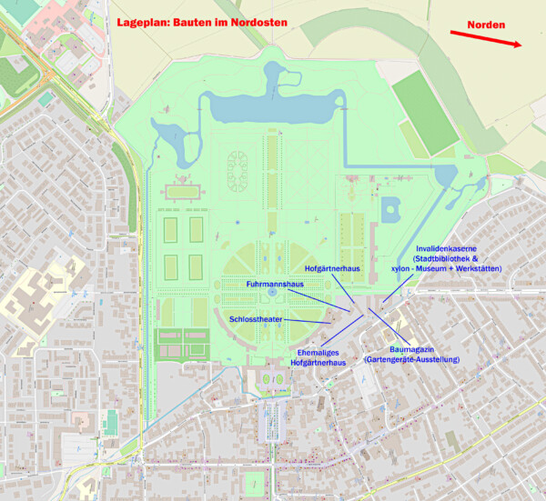 Schloss und Schlossgarten Schwetzingen - Lageplan: Bauten im Nordosten des Schlossgartens Schwetzingen (Karte: © OpenStreetMap-Mitwirkende; Lizenz: Namensnennung - Weitergabe unter gleichen Bedingungen 2.0 Generic (CC BY-SA 2.0); siehe: www.openstreetmap.org/copyright; Karte modifiziert durch Dr. Manfred Schneider)
