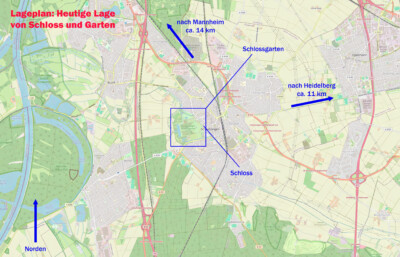 Schloss und Schlossgarten Schwetzingen - Heutige Umgebung von Schloss und Schlossgarten Schwetzingen (Karte: © OpenStreetMap-Mitwirkende; Lizenz: Namensnennung - Weitergabe unter gleichen Bedingungen 2.0 Generic (CC BY-SA 2.0); siehe: www.openstreetmap.org/copyright; Karte modifiziert durch Dr. Manfred Schneider)