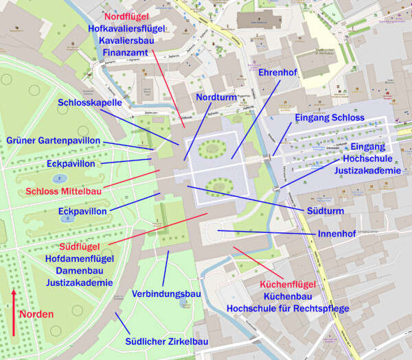 Schloss und Schlossgarten Schwetzingen - Lageplan: Details zum Mittelbau und zu den Flügeln von Schloss Schwetzingen (Karte: © OpenStreetMap-Mitwirkende; Lizenz: Namensnennung - Weitergabe unter gleichen Bedingungen 2.0 Generic (CC BY-SA 2.0); siehe: www.openstreetmap.org/copyright; Karte modifiziert durch Dr. Manfred Schneider)
