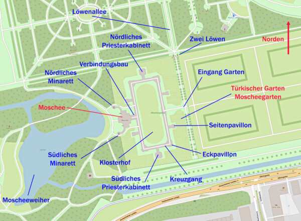 Schloss und Schlossgarten Schwetzingen - OpenStreetMap-Karte: Schloss und Schlossgarten Schwetzingen und deren Umgebung (Karte: © OpenStreetMap-Mitwirkende; Lizenz: Namensnennung - Weitergabe unter gleichen Bedingungen 2.0 Generic (CC BY-SA 2.0); siehe: www.openstreetmap.org/copyright; Karte modifiziert durch Dr. Manfred Schneider)