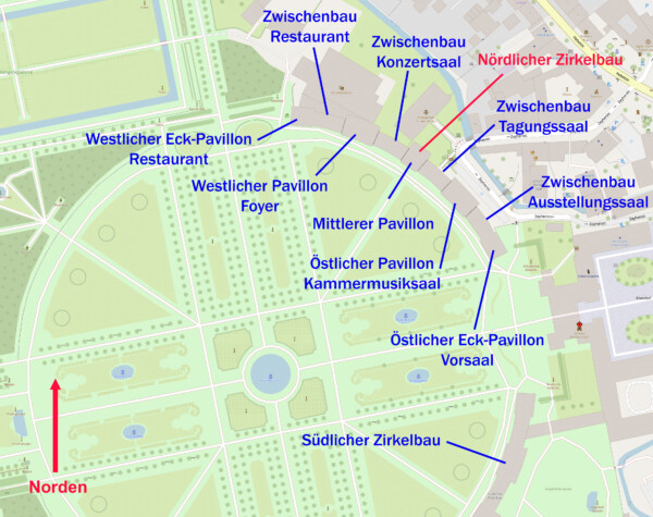 Schloss und Schlossgarten Schwetzingen - OpenStreetMap-Karte: Details zum Nördlichen Zirkelbau (Karte: © OpenStreetMap-Mitwirkende; Lizenz: Namensnennung - Weitergabe unter gleichen Bedingungen 2.0 Generic (CC BY-SA 2.0); siehe: www.openstreetmap.org/copyright; Karte modifiziert durch Dr. Manfred Schneider)