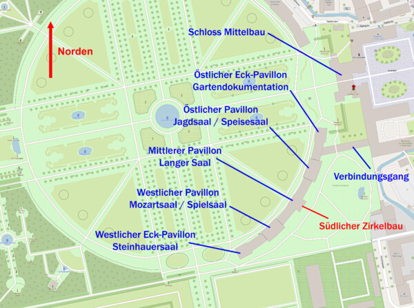 Schloss und Schlossgarten Schwetzingen - OpenStreetMap-Karte: Details zum Südlichen Zirkelbau (Karte: © OpenStreetMap-Mitwirkende; Lizenz: Namensnennung - Weitergabe unter gleichen Bedingungen 2.0 Generic (CC BY-SA 2.0); siehe: www.openstreetmap.org/copyright; Karte modifiziert durch Dr. Manfred Schneider)