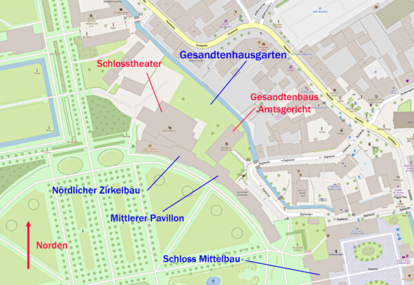 Schloss und Schlossgarten Schwetzingen - OpenStreetMap-Karte: Details zum Schlosstheater und zum Gesandtenhaus (Karte: © OpenStreetMap-Mitwirkende; Lizenz: Namensnennung - Weitergabe unter gleichen Bedingungen 2.0 Generic (CC BY-SA 2.0); siehe: www.openstreetmap.org/copyright; Karte modifiziert durch Dr. Manfred Schneider)
