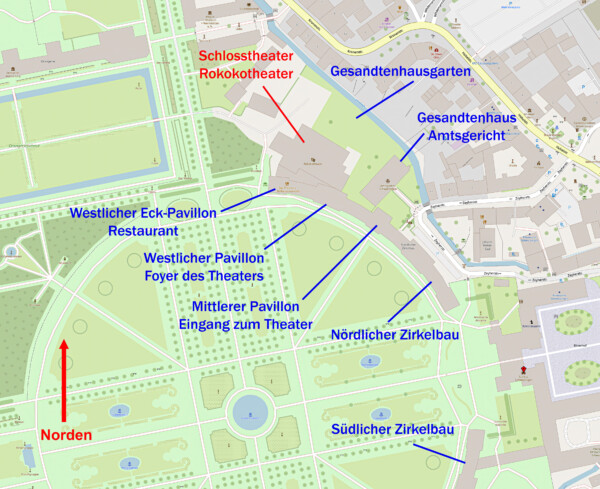 Schloss und Schlossgarten Schwetzingen - OpenStreetMap-Karte: Details zum Schlosstheater / Rokokotheater (Karte: © OpenStreetMap-Mitwirkende; Lizenz: Namensnennung - Weitergabe unter gleichen Bedingungen 2.0 Generic (CC BY-SA 2.0); siehe: www.openstreetmap.org/copyright; Karte modifiziert durch Dr. Manfred Schneider)