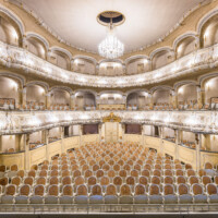 Schloss und Schlossgarten Schwetzingen - Garten - Schlosstheater / Rokokotheater - Von innen - Zuschauerraum - Von Westen - Blick von der Bühne in den Zuschauerraum; ganz unten die Brüstung des Orchestergrabens; unten umlaufend die Logen, darüber der Balkon, darüber der Rang (Gesamter Bau: Länge x Breite: ca. 62 x 35 Meter; Architekt: Nicolas de Pigage (1723-1796); Bauzeit: 1752-1753, Erweiterung 1762, Sanierung: 1937, Renovierung: 1952, Generalsanierung / Umbau 1971-1974, Restaurierung: 1999-2005) (aufgenommen im Dezember 2024, am frühen Nachmittag)