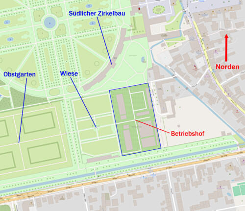 Schloss und Schlossgarten Schwetzingen - OpenStreetMap-Karte: Betriebshof von Schloss und Schlossgarten Schwetzingen (Karte: © OpenStreetMap-Mitwirkende; Lizenz: Namensnennung - Weitergabe unter gleichen Bedingungen 2.0 Generic (CC BY-SA 2.0); siehe: www.openstreetmap.org/copyright; Karte modifiziert durch Dr. Manfred Schneider)