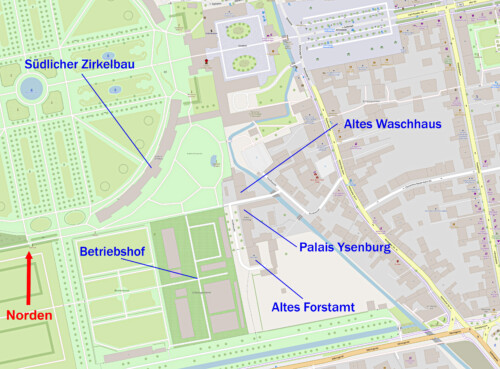 Schloss und Schlossgarten Schwetzingen - OpenStreetMap-Karte: Palais Ysenburg, Altes Forstamt, Altes Waschhaus nahe dem Schlossgarten Schwetzingen (Karte: © OpenStreetMap-Mitwirkende; Lizenz: Namensnennung - Weitergabe unter gleichen Bedingungen 2.0 Generic (CC BY-SA 2.0); siehe: www.openstreetmap.org/copyright; Karte modifiziert durch Dr. Manfred Schneider)
