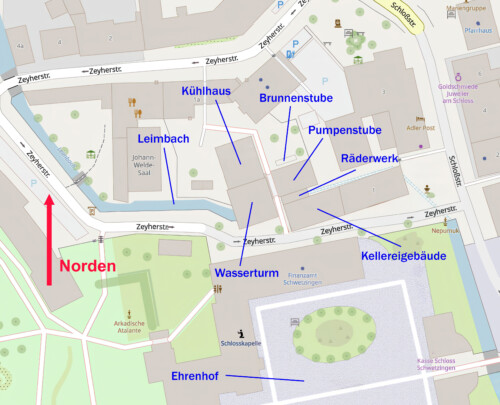 Schloss und Schlossgarten Schwetzingen - OpenStreetMap-Karte: Oberes Wasserwerk nahe dem Schlossgarten Schwetzingen (Karte: © OpenStreetMap-Mitwirkende; Lizenz: Namensnennung - Weitergabe unter gleichen Bedingungen 2.0 Generic (CC BY-SA 2.0); siehe: www.openstreetmap.org/copyright; Karte modifiziert durch Dr. Manfred Schneider)