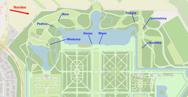 Schloss und Schlossgarten Schwetzingen - OpenStreetMap-Karte: Um den Großen Weiher (Karte: © OpenStreetMap-Mitwirkende; Lizenz: Namensnennung - Weitergabe unter gleichen Bedingungen 2.0 Generic (CC BY-SA 2.0); siehe: www.openstreetmap.org/copyright; Karte modifiziert durch Dr. Manfred Schneider)